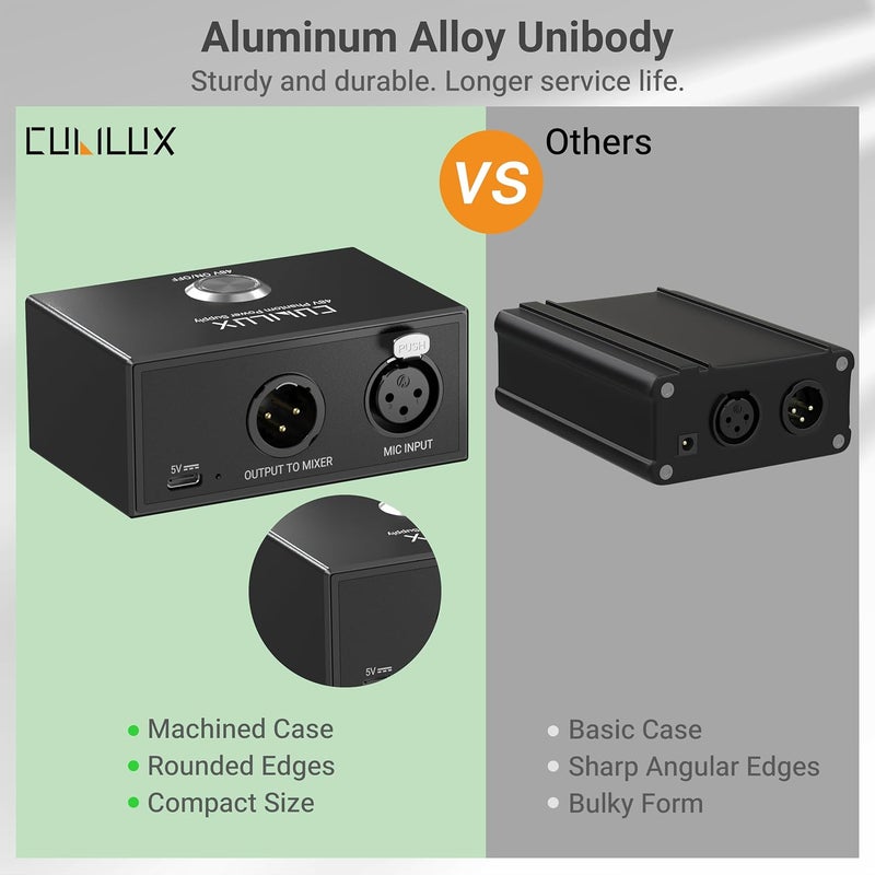 Cubilux MPX-1 USB C 48V Phantom Power Supply, Type C to XLR Portable Power Supply for Condenser Microphone, Full Aluminum Alloy Recording Equipment with 1/4" Arri Locating Mounting Hole - Image 4
